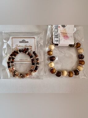 Wood Beads Hoop Earrings and Bracelet Set • NIP • Gold-Tone Rhinestones Boho NEW